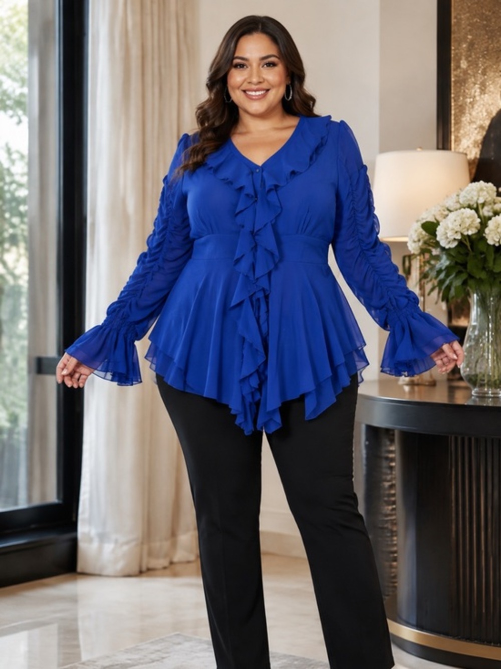 NWT Ashro Royal Blue Ruffle Peplum Blouse Bell Sleeve Plus Size 16W Church Top